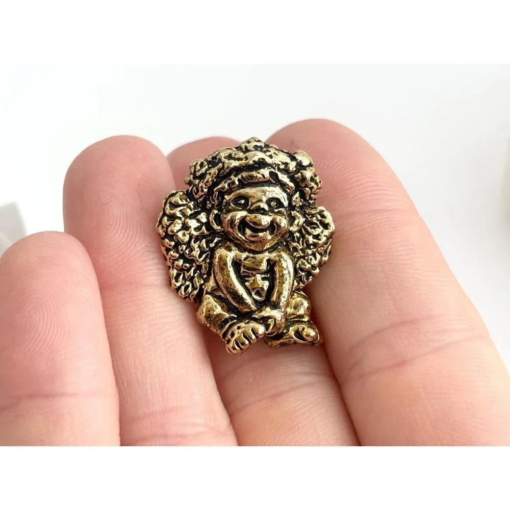 Cherub Angel Dark Gold Toned Carved Tiny Vintage Cute Jewelry Brooch | Lapel Pin